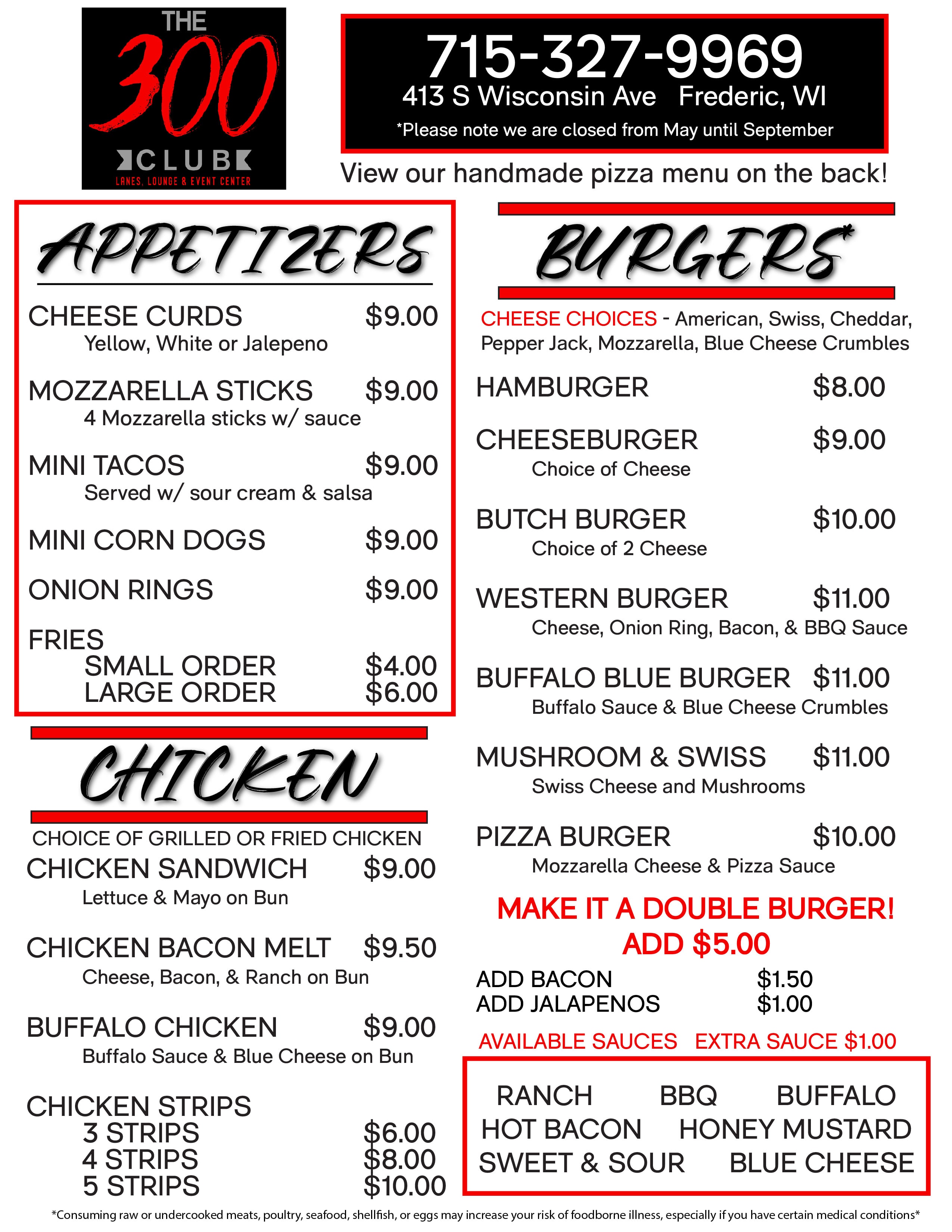 The 300 Club menu with appetizers, burgers, and chicken selections