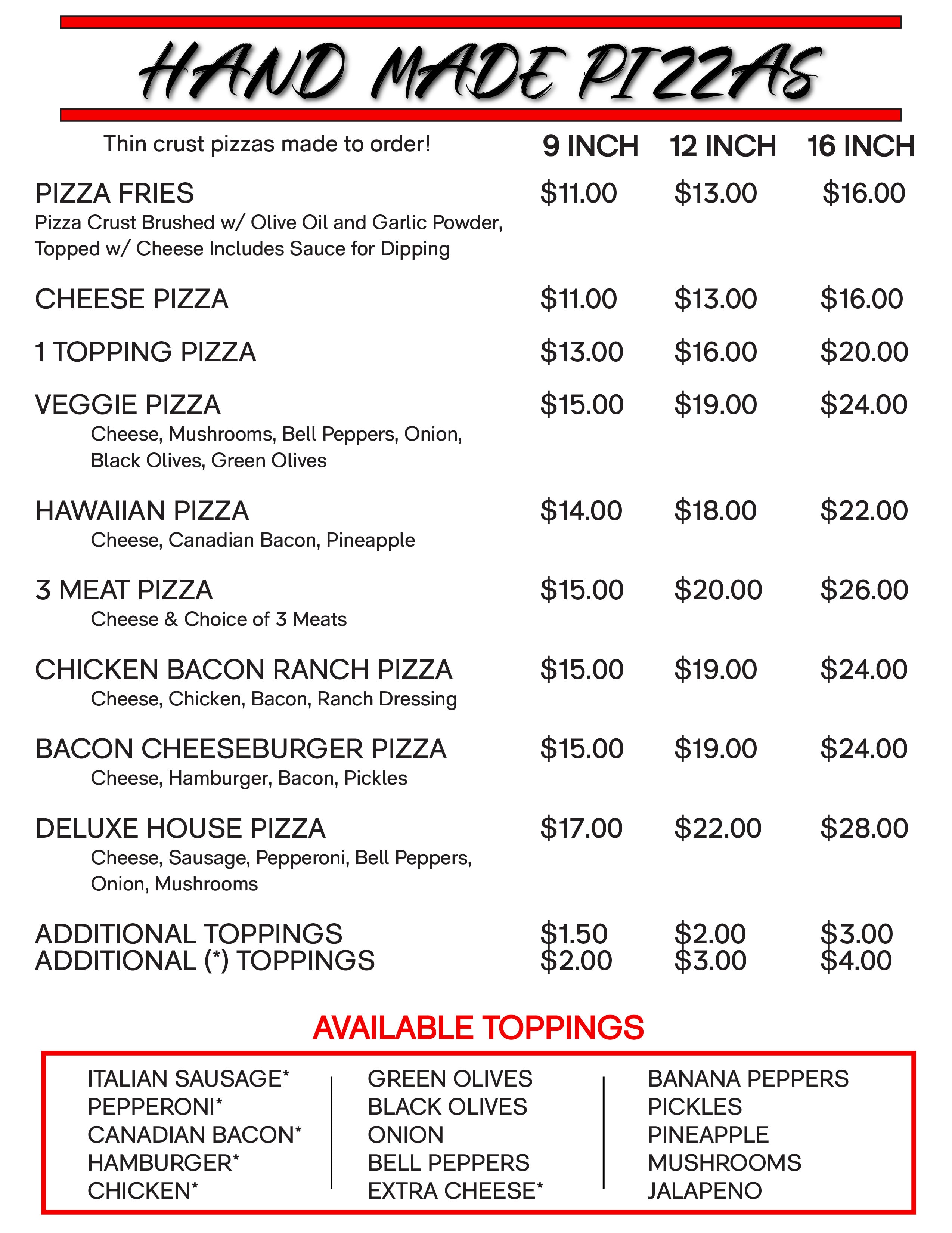 The 300 Club handmade pizza menu with sizes and toppings
